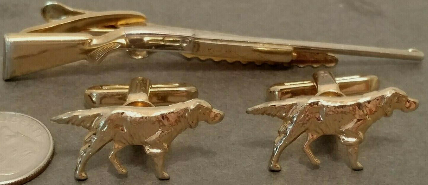 Image for PAIR OF ENGLISH SETTER CUFF LINKS AND SHOTGUN TIE CLASP SET -